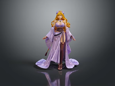 Game Movie Character With Long Blonde Hair In Elegant Purple Kimono Outfit Holding Sword 3d model