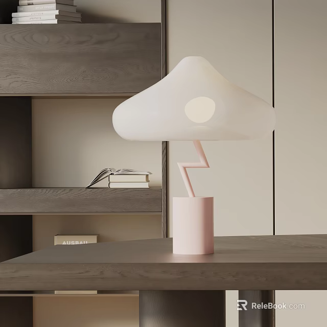 White Cloud Shaped Table Lamp With Pink Base Circular Light And Books On Gray Shelf 3d model 