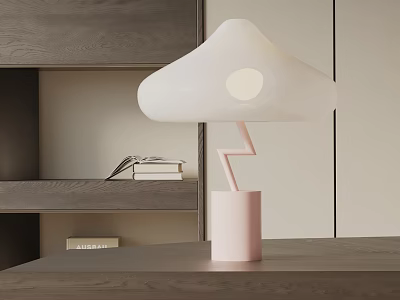 White Cloud Shaped Table Lamp With Pink Base Circular Light And Books On Gray Shelf 3d model