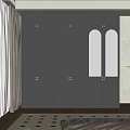 Dark Gray Modern Wardrobe Interior With Glass Doors And Hanging White Clothes