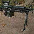 Tactical Machine Gun With Tripod Scope Black Body And Camouflage Magazine On Rocky Dirt Ground