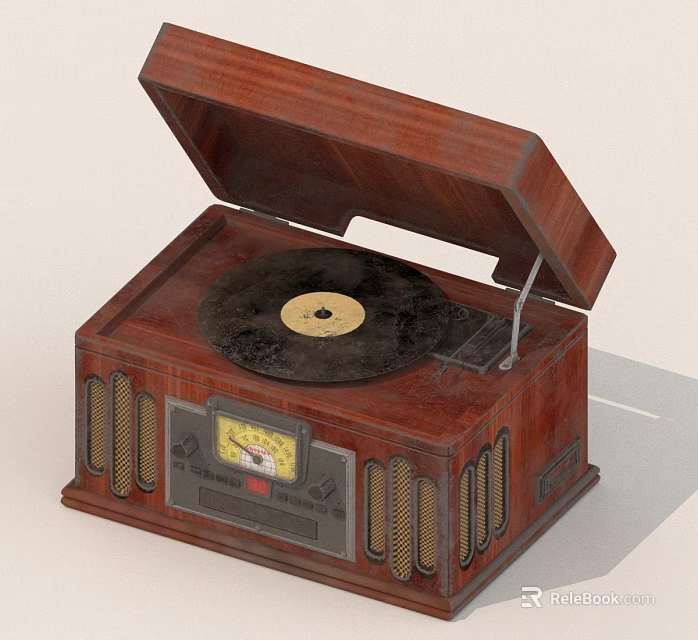 Vintage Wooden Record Player With Open Lid And Vinyl Record On Turntable 3d model 