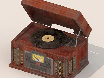 Vintage Wooden Record Player With Open Lid And Vinyl Record On Turntable 3d model