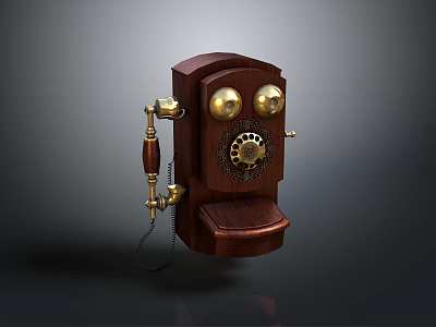 Vintage Wooden Telephone With Brass Dial And Curved Handset Design 3d model