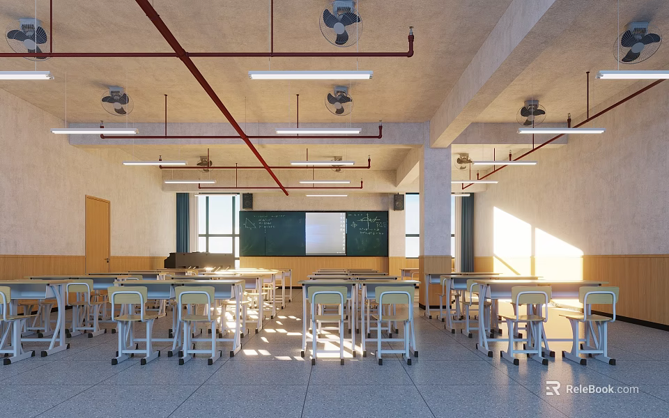 School Classroom Interior With Desks Chairs Blackboard Ceiling Pipes And Natural Light 3d model 