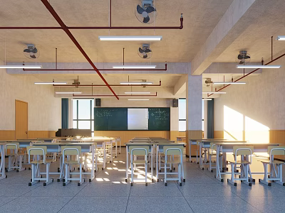 School Classroom Interior With Desks Chairs Blackboard Ceiling Pipes And Natural Light 3d model