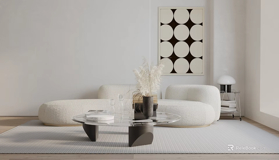 White Sofa Coffee Table Set With Glass Tabletop Black Frame And Circular Pattern Wall Art 3d model 