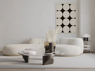 White Sofa Coffee Table Set With Glass Tabletop Black Frame And Circular Pattern Wall Art 3d model