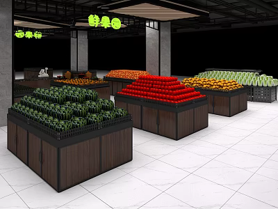 Fruit Store Interior With Colorful Fresh Fruits On Wooden Display Shelves 3d model