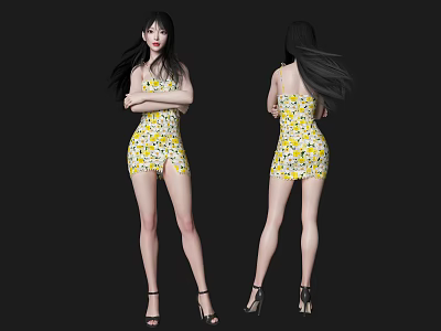 Woman in Yellow Floral Short Dress with Long Hair and High Heels Front Back Views 3d model