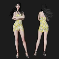 Woman in Yellow Floral Short Dress with Long Hair and High Heels Front Back Views