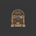 Vintage Wooden Chest With Metal Straps And Lock On Reflective Surface