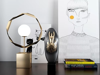 Modern Gold Circular Table Lamp With Decorative Objects Books And Artwork 3d model