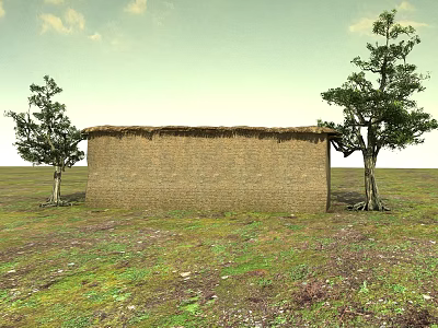 Brick House with Thatched Roof Standing in Grassland Between Two Trees Under Cloudy Sky 3d model