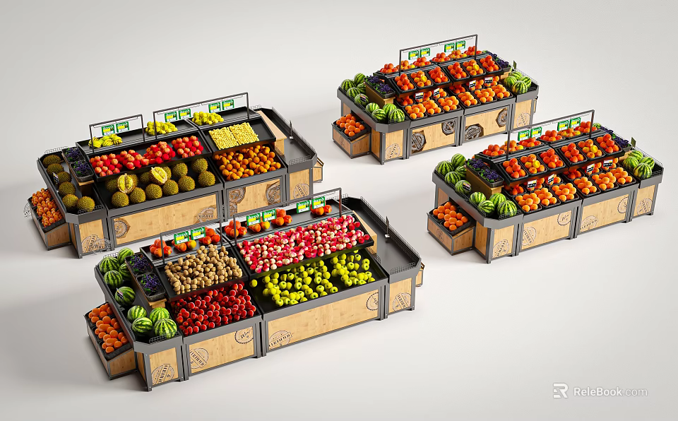 Supermarket Grocery Fresh Fruit Displays With Assorted Fruits On Organized Shelves 3d model 