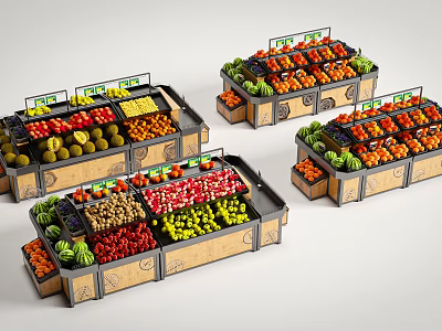 Supermarket Grocery Fresh Fruit Displays With Assorted Fruits On Organized Shelves 3d model