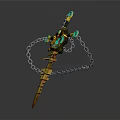 Fantasy Golden Sword With Green Gemstones And Decorative Chain Details