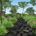 Natural Stone Garden Path Paving With Green Plants Trees And Colorful Flowers
