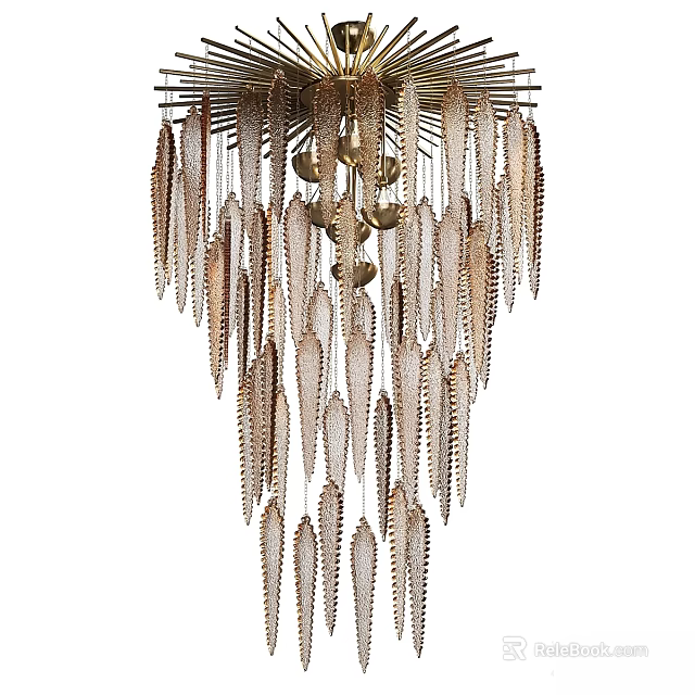 Elegant Decorative Chandelier With Brass Metal Frame And Glass Feather Hanging Ornaments 3d model 