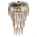 Elegant Decorative Chandelier With Brass Metal Frame And Glass Feather Hanging Ornaments