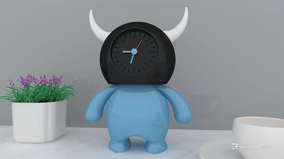Blue Cartoon Clock Figure With White Horns Purple Flowers And Green Plants 3d model 