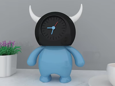 Blue Cartoon Clock Figure With White Horns Purple Flowers And Green Plants 3d model