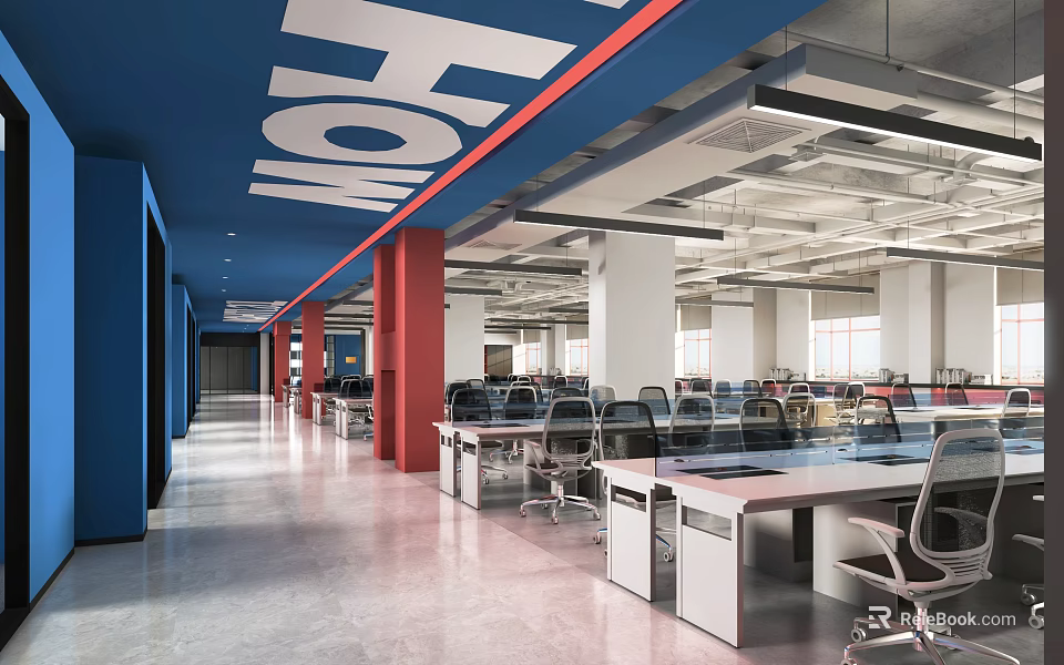 Public Office Space With Modern Design Open Layout Colorful Accents Desks And Large Windows 3d model 