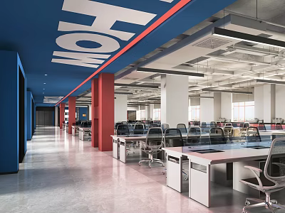 Public Office Space With Modern Design Open Layout Colorful Accents Desks And Large Windows 3d model