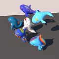 Cartoon Aquatic Animal Dolls Whales Dolphins Blue White Red Spots Floating On Gray Ground