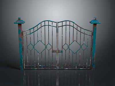 Teal Iron Garden Gate With Symmetric Design Diamond Patterns And Side Pillars 3d model