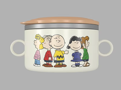 Ceramic Container with Brown Lid Silver Rim and Two Side Handles Featuring Cartoon Characters 3d model