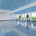 Modern Indoor Swimming Pool Interior With Wavy Blue Ceiling Large Windows And Poolside Lounge Chairs