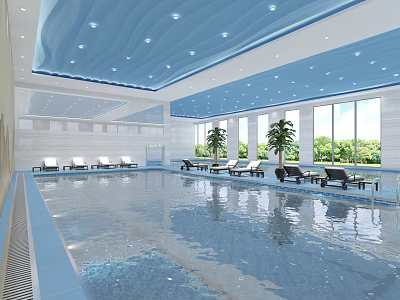 Modern Indoor Swimming Pool Interior With Wavy Blue Ceiling Large Windows And Poolside Lounge Chairs 3d model