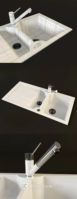 White Double Bowl Kitchen Sink With Modern Faucet And Drainer Design 3d model 