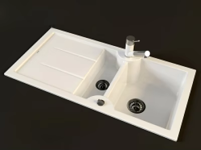White Double Bowl Kitchen Sink With Modern Faucet And Drainer Design 3d model