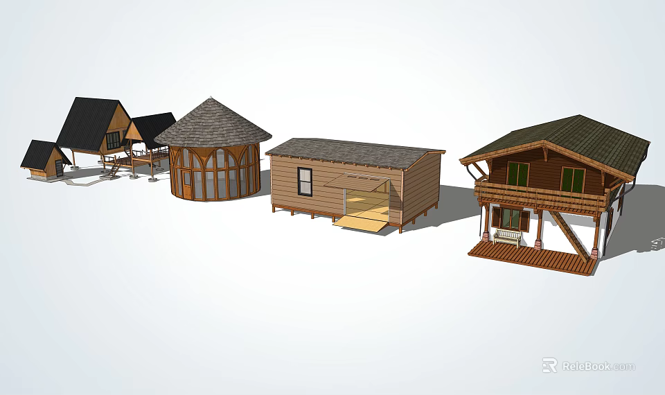 Various Wooden House Designs With Different Roof Styles And Porch Structures 3d model 