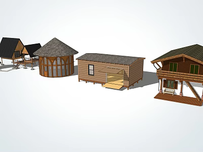Various Wooden House Designs With Different Roof Styles And Porch Structures 3d model