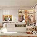 Modern Walk in Closet Interior With White Cabinets Central Dressing Table Mirror And Clothing Racks