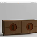 Modern Wooden Entryway Console Cabinet With Circular Orange Door Panels And Gold Handles