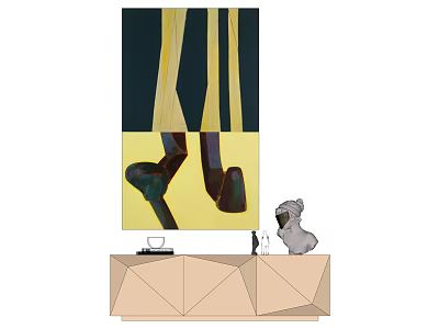 Artistic Interior Scene With Geometric Cabinet Wall Painting Of Legs And Shoes And Decorative Figurine 3d model