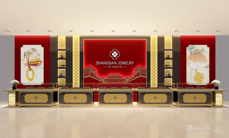 Luxurious Jewelry Store Interior With Red Background Golden Decorations And Display Cabinets 3d model 