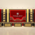 Luxurious Jewelry Store Interior With Red Background Golden Decorations And Display Cabinets