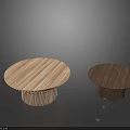 Round Wooden Coffee Tables With Striped Bases In Light And Dark Tones