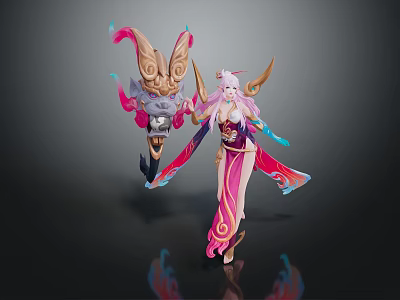 Elegant Eastern Game Movie Character with Pink Long Hair Flowing Dress and Mythical Creature Companion 3d model