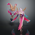 Elegant Eastern Game Movie Character with Pink Long Hair Flowing Dress and Mythical Creature Companion
