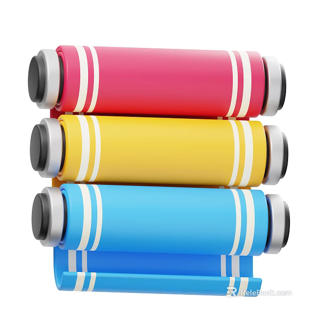 Colorful Decorative Ornament Set with Red Yellow Blue Cylindrical Design White Stripes and Black Ends 3d model 