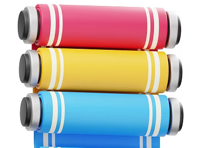 Colorful Decorative Ornament Set with Red Yellow Blue Cylindrical Design White Stripes and Black Ends 3d model