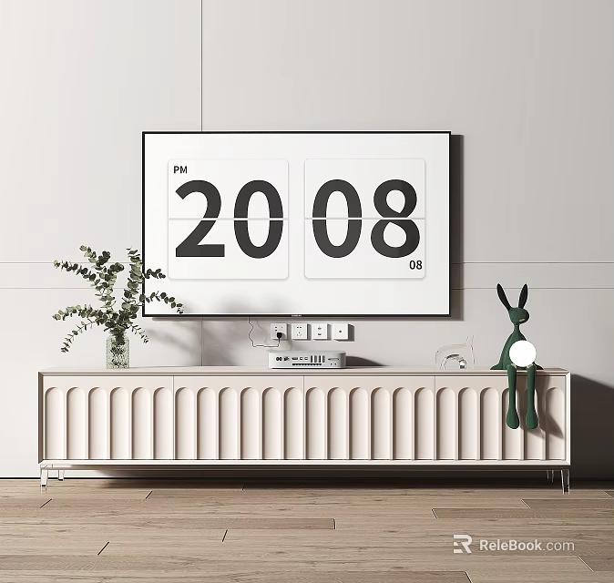 Minimalist White TV Stand With Green Rabbit Figurine Flip Clock And Potted Plant 3d model 
