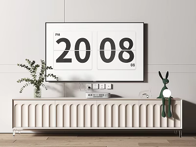 Minimalist White TV Stand With Green Rabbit Figurine Flip Clock And Potted Plant 3d model