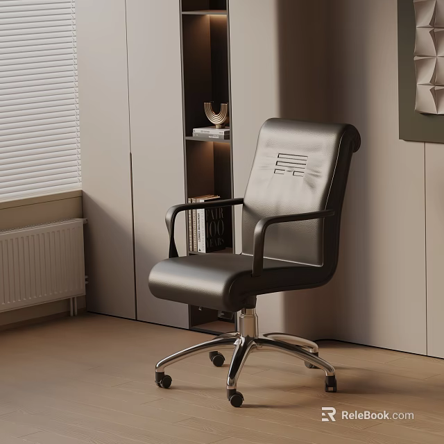 Black Leather Office Chair with Stitched Backrest Armrests and Metal Rolling Casters 3d model 